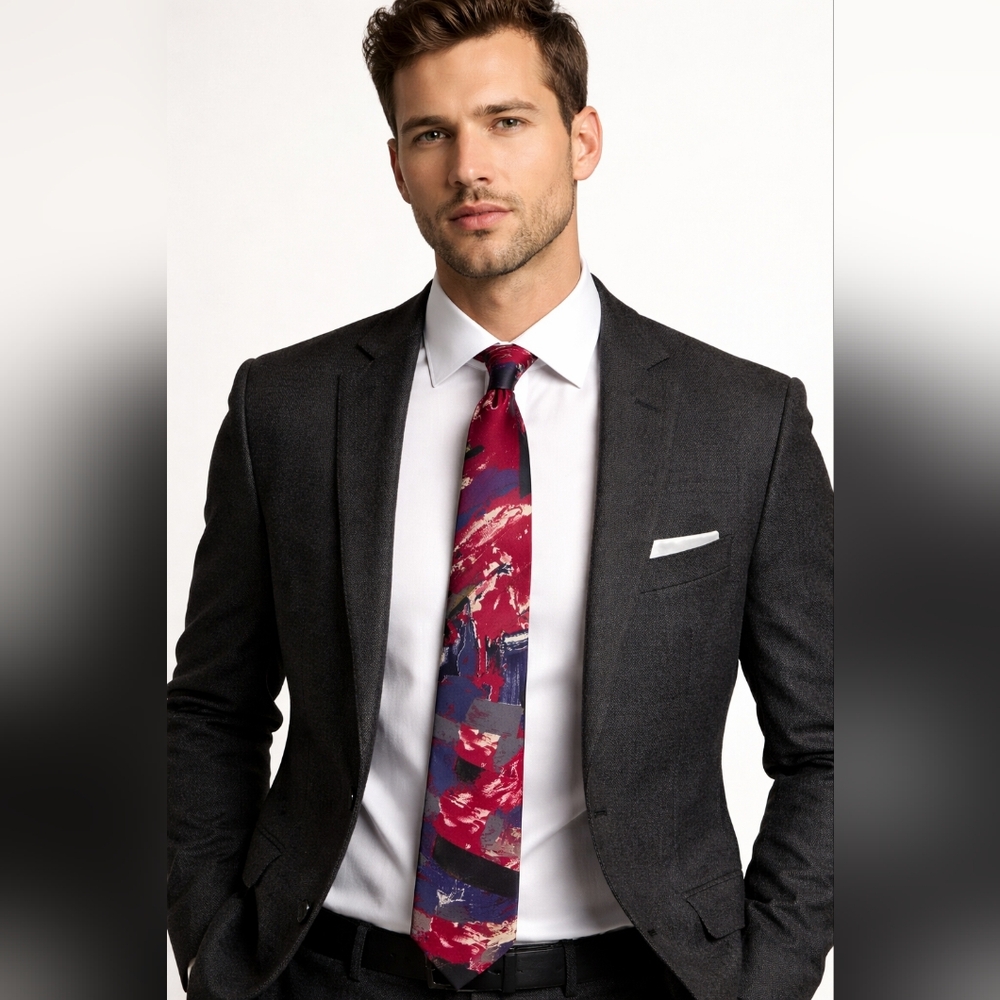 ISAAC ZELCER 100% Silk Tie Mens Red Navy Italian Abstract Retro Bold